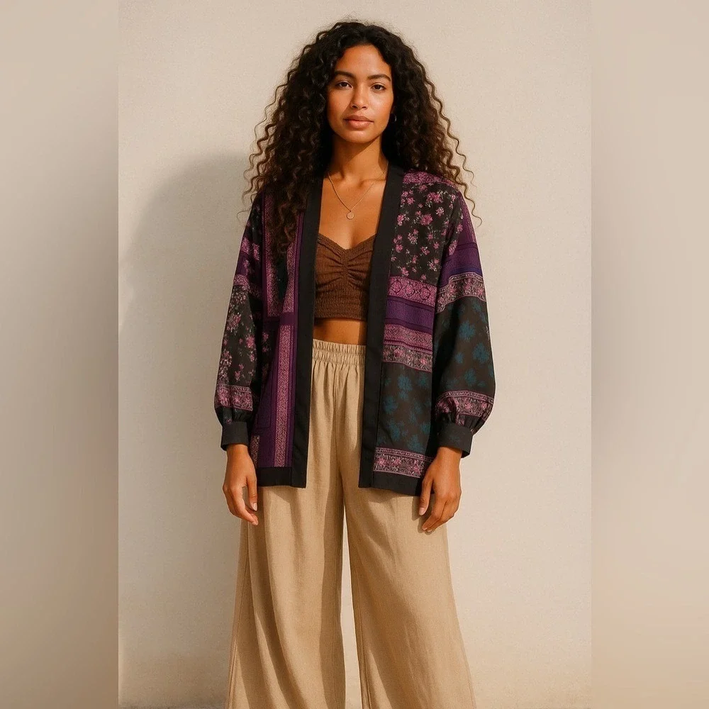 Chicos Womens Patchwork Kimono Cardigan Duster Size Large Purple Bohemian Floral - Picture 1 of 7